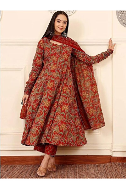 MYSMAR Red & Beige Viscose Floral Anarkali Kurta Set - TRT1043 | Red & Beige
