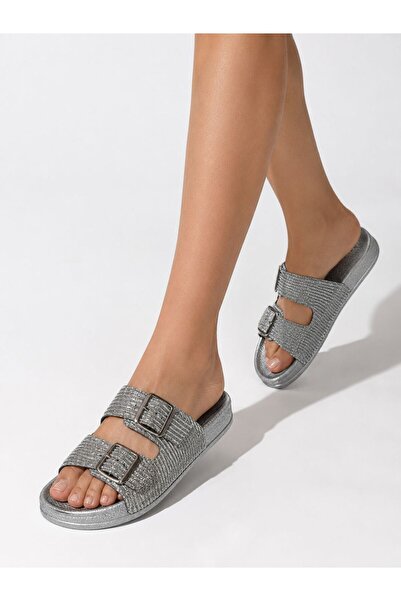 FLEXİS Women's Gray Silvery Double Buckle Orthopedic Sole Daily Slippers Gray...