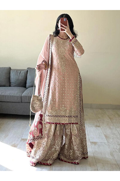 MYSMAR Baby Pink Faux Georgette Embroidered Sharara Set - HRT8858-Baby Pink