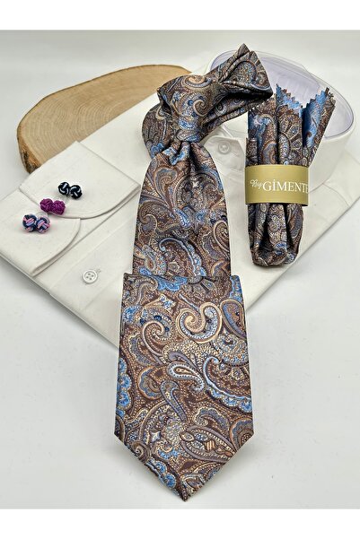Gutiero Beige Shawl Patterned Classic Tie with Handkerchief