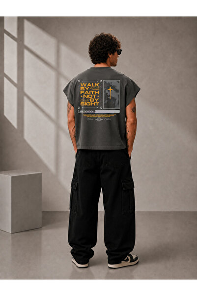 EVIus Tricou cu imprimeu Walk By Faith, supradimensionat, cu croială boxy, fă...