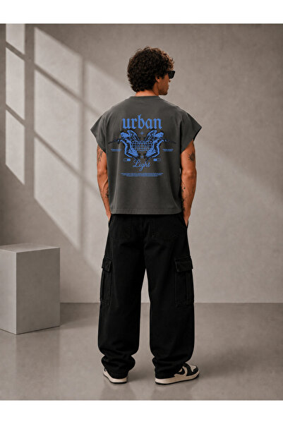 EVIus Urban Printed Oversize Worker Boxy Fit Sleeveless Crew Neck T-Shirt