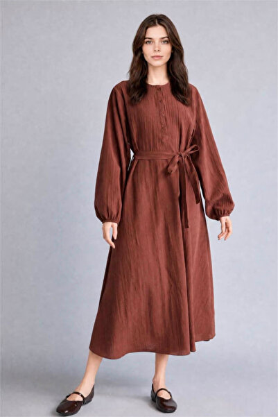 DeFacto Crew Neck Poplin Long Sleeve Brown Midi Dress H8773Ax26Sm