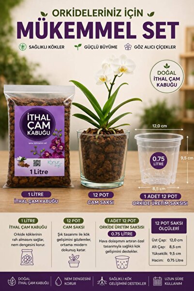 NEXVORİA 1 Litre İthal Çam Kabuğu + 1 Adet 12 Pot Cam Saksı + 0.75 Litre Orki...