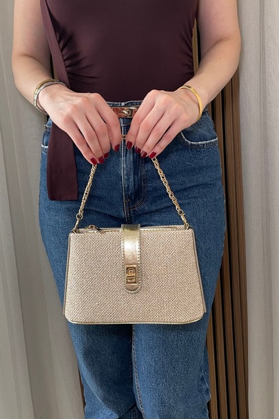 Fibag Women's Straw Look Gold Color Detailed Daily Bag - Adjustable Long Stra...