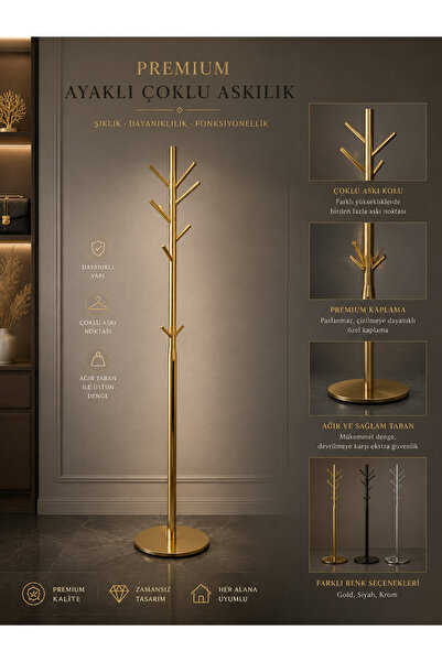 MdHomeDekorasyon Ayaklı Çoklu Askılık Gold Renk 1787x360x360 Mm