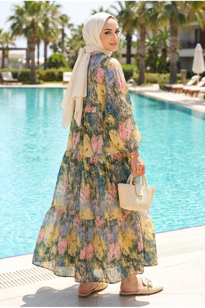 Kirazca Butik Women's Patch Patterned Layered Hijab Dress – Bohemian Long Dre...