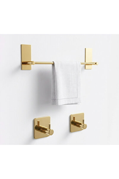 Staal Yapıştırmalı Parlak Gold 3'lü Banyo Seti Havlu Askısı + 2 Bornozluk Kan...