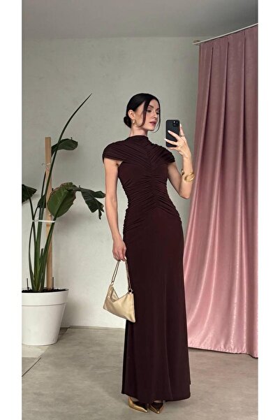 ALPŞAN TİCARET Brown Draped Gathered High Neck Long Evening Dress Wedding Inv...