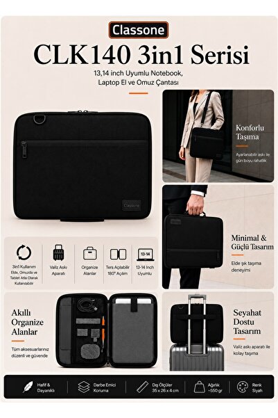 Classone 3in1 Serisi CLK140 13,14 inch Uyumlu Tablet Laptop El ve Omuz Çantas...