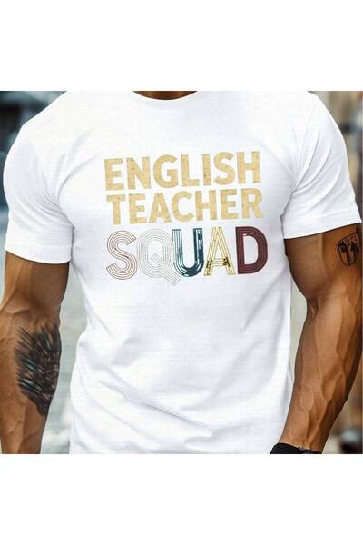 2mcup تي شيرت رجالي من English Teacher Squad، تي شيرت كاجوال برقبة دائرية وأك...