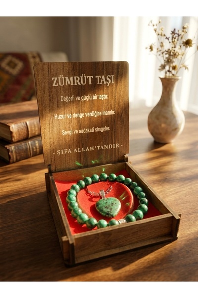 Meneva Aksesuar Emerald Stone Natural Gemstone Wooden Boxed Necklace and Brac...