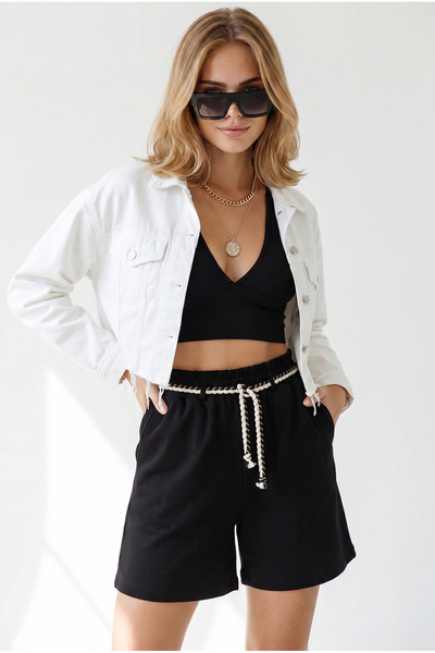 Olalook Women's Black Belt Detailed Pocketed Cotton Shorts Şrt-19000098