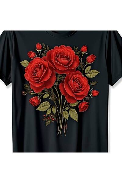 LİNA06 1pcPurePrinted Round Neck Shortsleeved TshirtRed RoseFashion Printed M...
