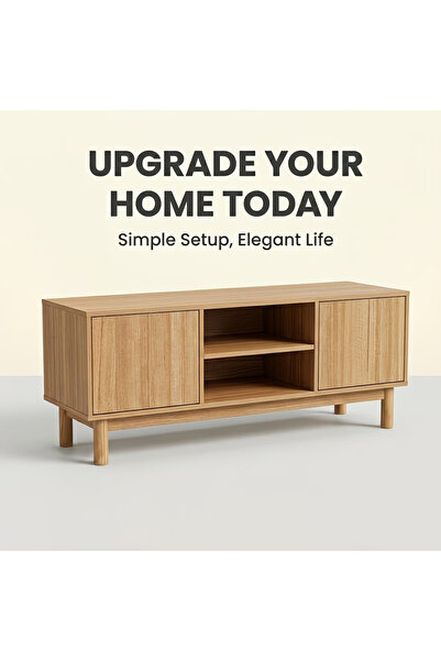HayaBazaar Natural Wood TV Stand Media Console with Sliding Doors & Open Stor...