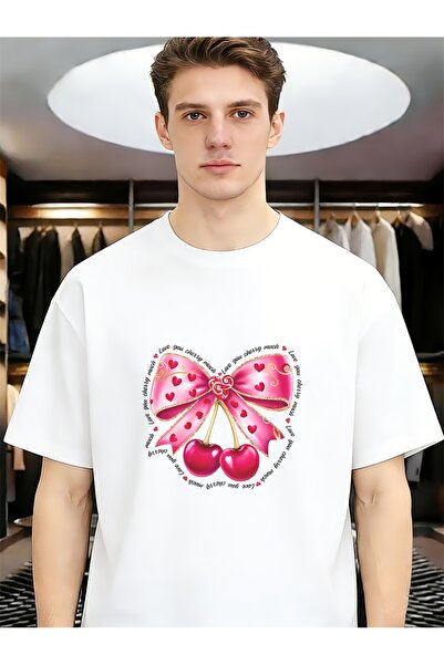 LİNA06 Cherry Bow Tie Valentine'S Day Gift Men'S Spring Summer Round Neck Sho...