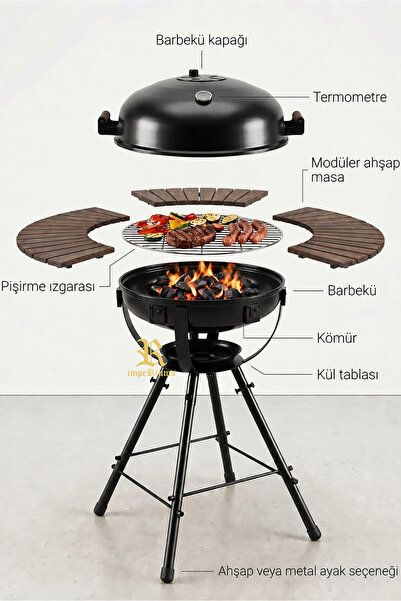 impeRiums BAZZ360 360° Masalı Kapaklı Kömürlü Barbekü Mangal – 55 cm Izgara, ...