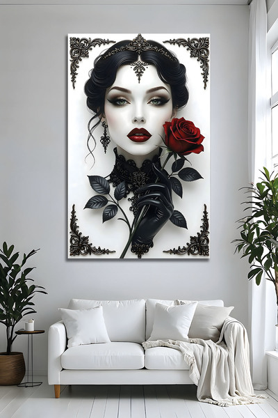 Parıltı Yayınları Gotik Kadın Temalı Cam Tablo Kırmızı Güllü Salon Ev Duvar D...