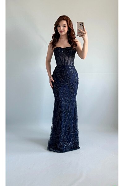 ayşenur Dinçer butik Valeri Straplez Taşlı Abiye Lacivert