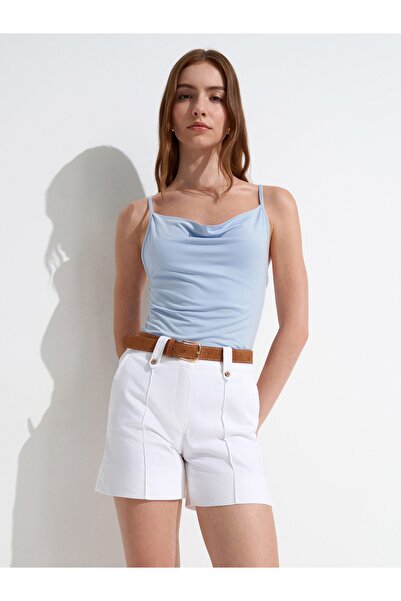 Dilvin 72719 Ribbed Detailed Belted Shorts-White