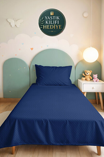 Evimde Bambaşka Plain Navy Blue Color Single Decorative Pique Set - Quilted P...