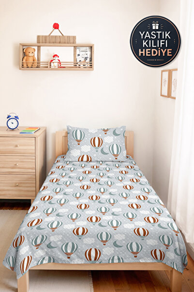 Evimde Bambaşka Gray Balloon and Cloud Children's Room Single Pique Set-Paste...