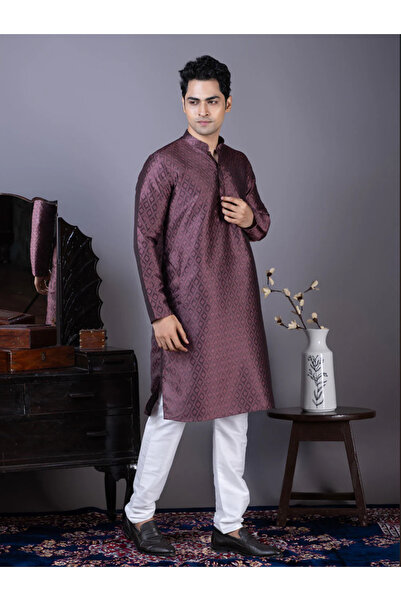 Devoiler Mens Self Design Cotton Silk Kurta Set