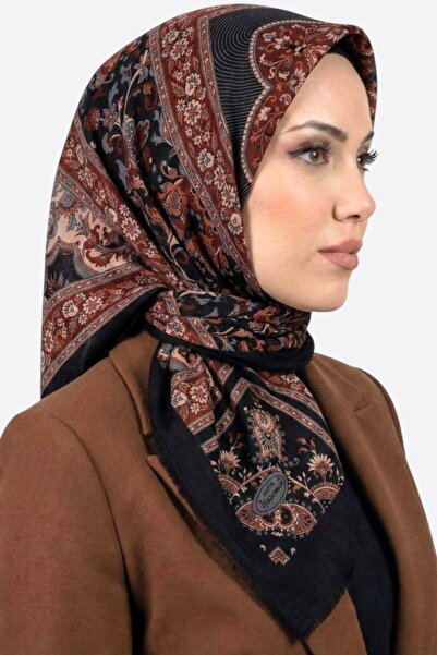 hadiora Women's Black Tile Ethnic Floral Patterned Flared Scarf