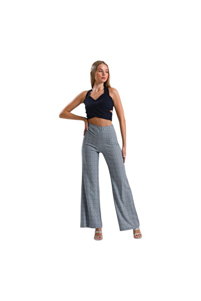 Sense Women's High-Waisted Plaid Wide-Leg Trousers – Timeless Elegance, Grey