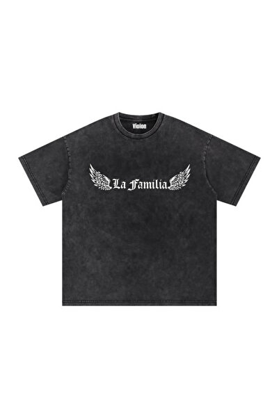 Violon Black Washed La Familia Printed Unisex Oversize T-Shirt