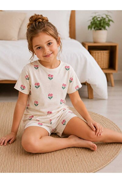 BEBEĞİME ÇORAP Crew Neck Printed Short Sleeve Girl's Pajama Set with Shorts