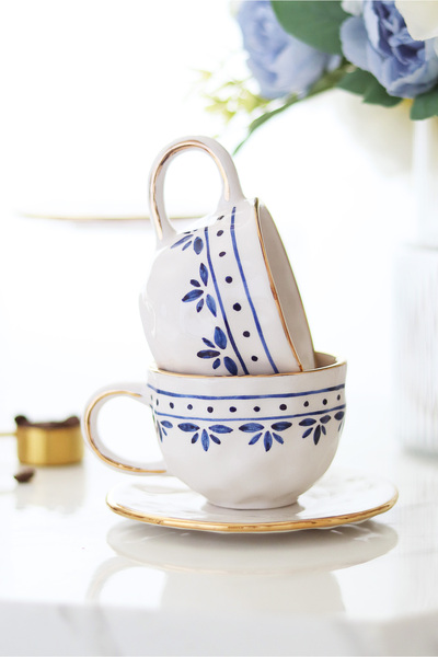 ada mia seramik Set of 2 Handmade Ceramic Cups with Stripes 140ml