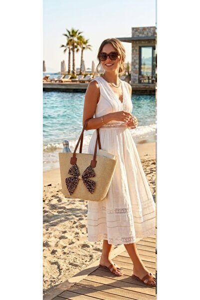Kervan Pazar Women's Straw Leopard Bow Beach Bag