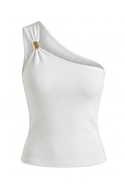 KECHİ WOMAN One-Shoulder Gold Buckle Ribbed Blouse Ecru