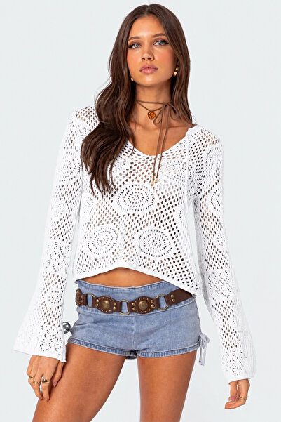 TRAFFOO CLUB Women's Summer Openwork Long Sleeve Crop Knitwear Blouse