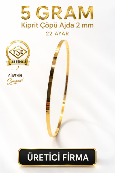 Aks Gold 22 Ayar TSE Belgeli (5 GRAM) 2 mm Kibrit Çöpü Ajda Altın Bilezik Gol...