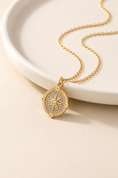 Auryne Jewelry Altın Kaplama Taşlı Madalyon Kolye Ucu Kuzey Yıldızı Tılsımı S...