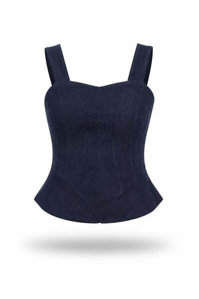 5in1Canpolat Bustieră din denim albastru marin cu bretele 3286