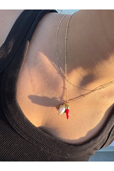 Xui Yeni Sezon Çelik İnci,Biber,Deniz Kabuğu Charm Detaylı Gold Kolye/İstirid...