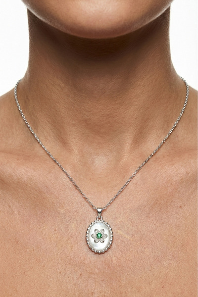 Nazellaa 316L Steel Silver Pearlescent Flower Locket Necklace
