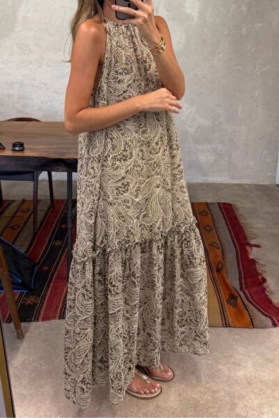 Suziş Brown Patterned Chiffon Long Dress 4S820
