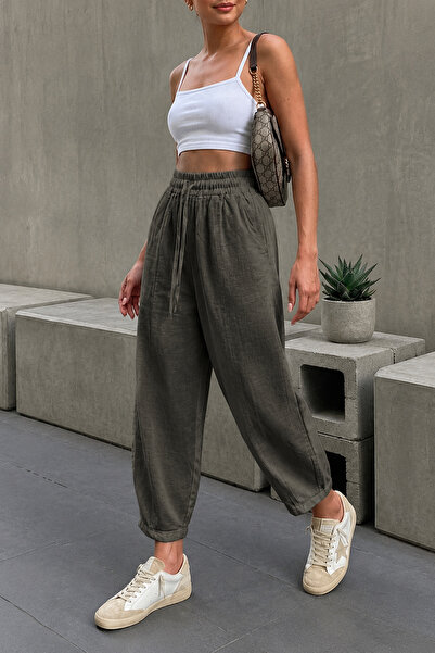 Sun Victoria Women's Khaki Linen Fabric High Waist Shalwar Baggy Trousers