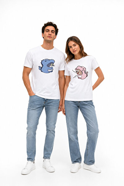 Ciel Lune Lover Couple Dinosaur Printed Unisex White T-Shirt Set – Couple T-S...