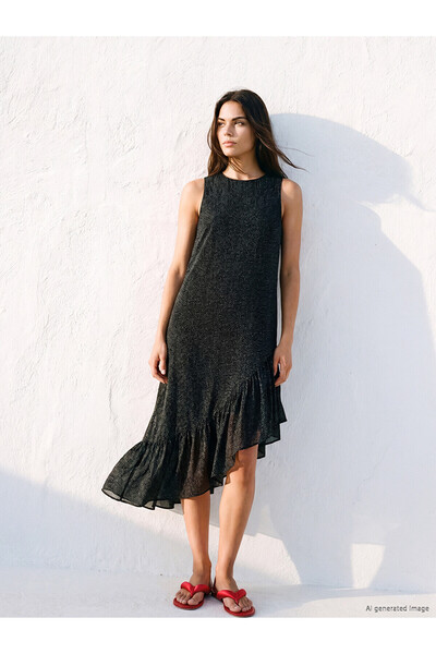 LC Waikiki Nevavm Shiny Textured Asymmetrical Cut Dress with a Difference