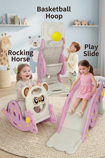 Generic 1 Plastic 3 In 1 Toddler Slide Rocking Horse Basketball Hoop Indoor O...