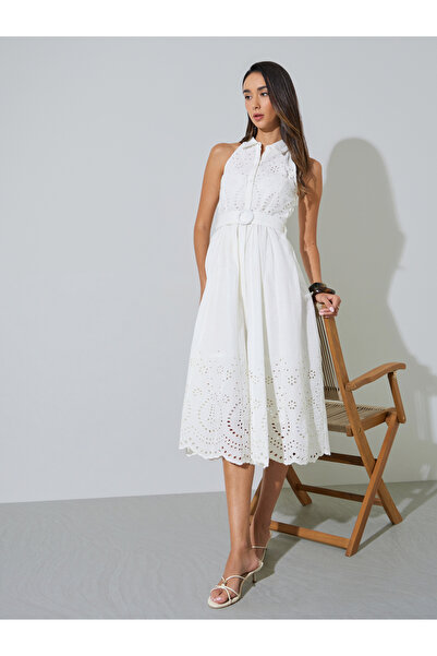Styli White Broderie Sleeveless Shirt Midi Dress