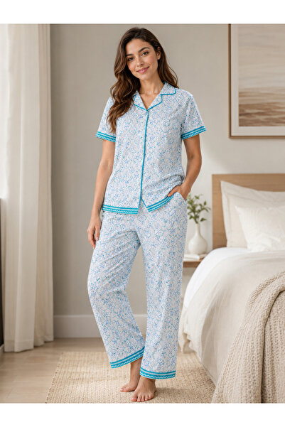 Victor and Jane By Styli Blue Printed Shirt and Pyjama Set with Contrast Piping