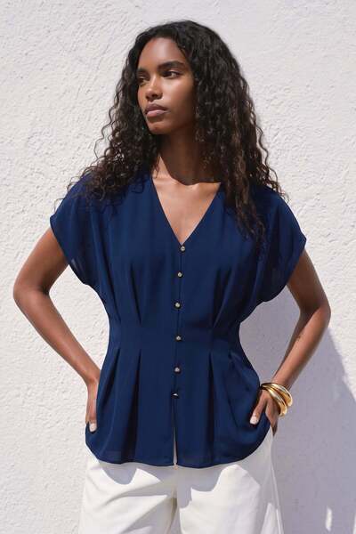 Sateen Short Sleeve Blouse - Navy Blue
