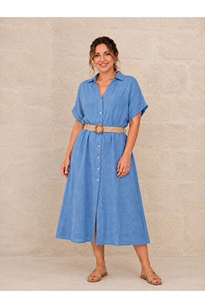 AGORATEKSTİL Women's Straw Belted Full Buttoned Cotton Fabric Dress 42-46