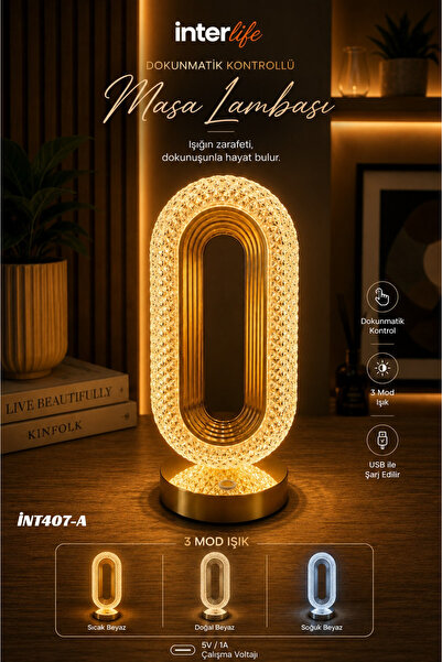 İnterlife Oval Şekilli Kristal Masa Lambası SARJLI DOKUNMATİK Modern Ambiyans...